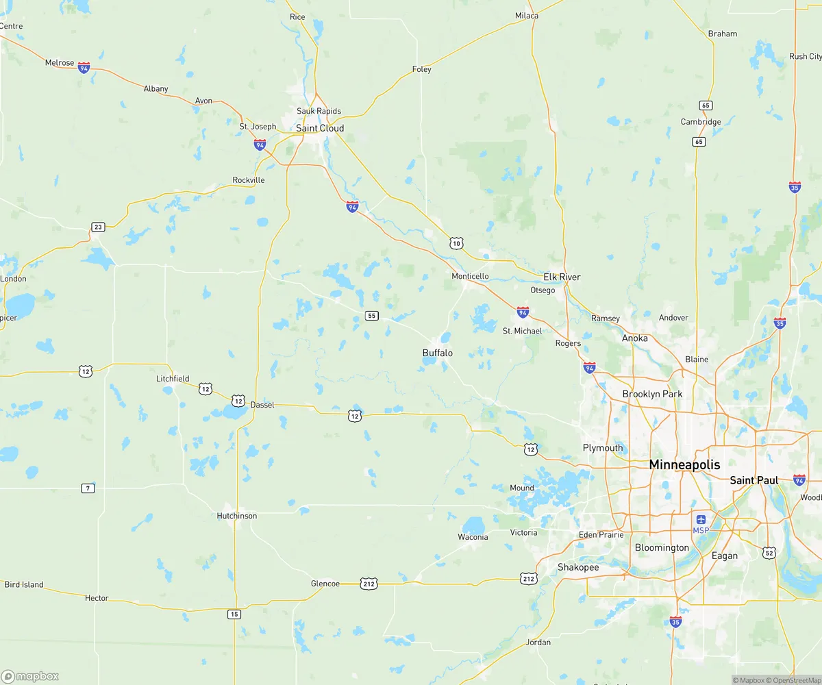 Map of the JetKing Power Wash service area, from St. Cloud south to Burnsville and Eagan